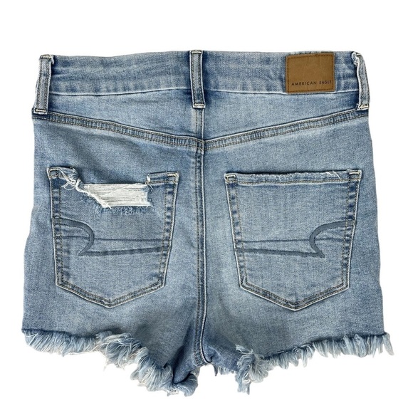 American Eagle Curvy Hi Rise Shortie 4 Distressed Cutoff Shorts Stretch Blue - Picture 6 of 11
